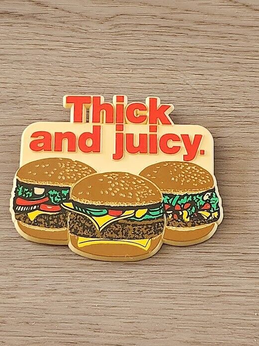 Thick and Juicy Hamburgers Hardee's Restaurant Plastic Button Pin Employee Promo