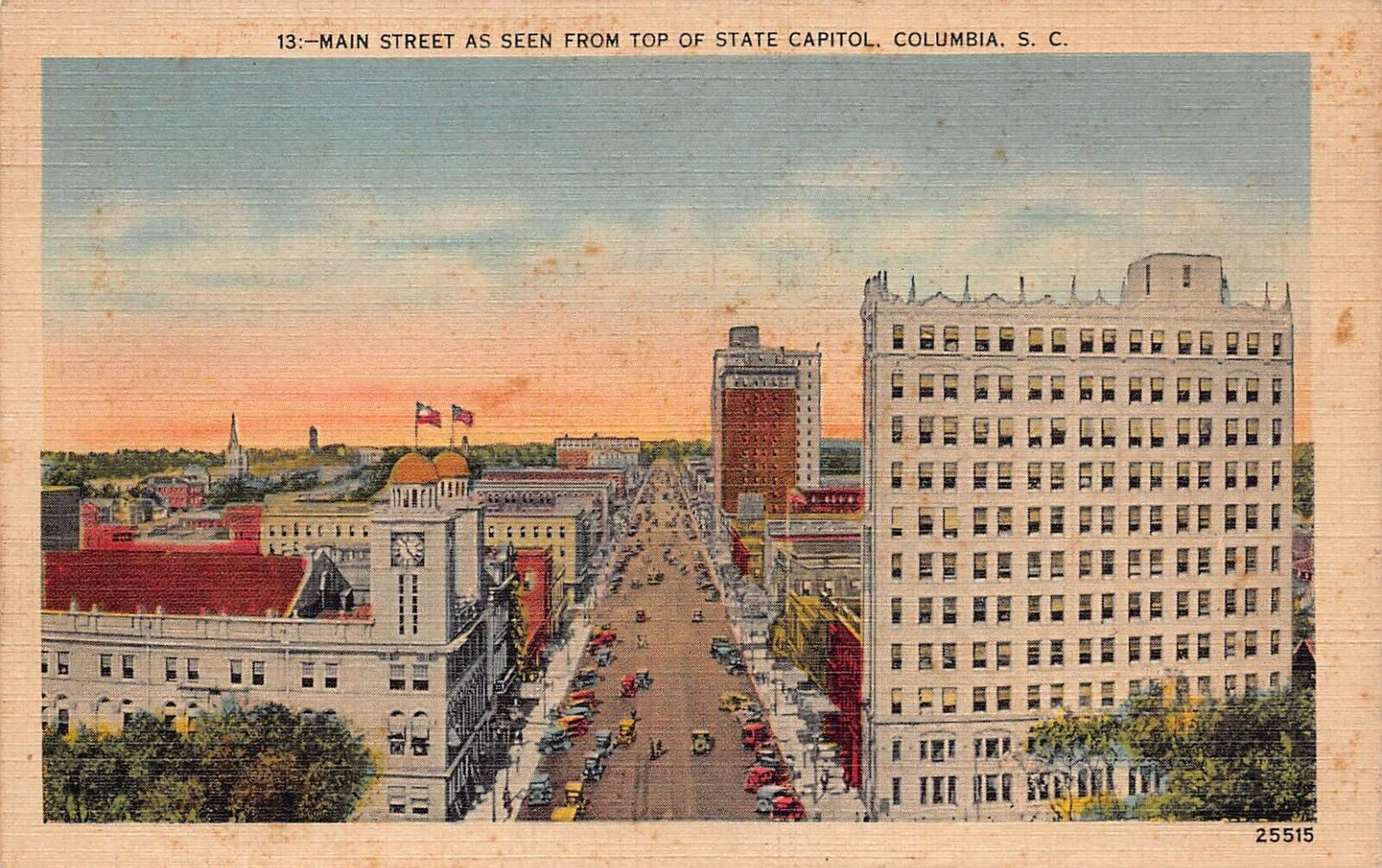 Columbia SC South Carolina Main Street Downtown 1940s Capitol Vtg Postcard U1