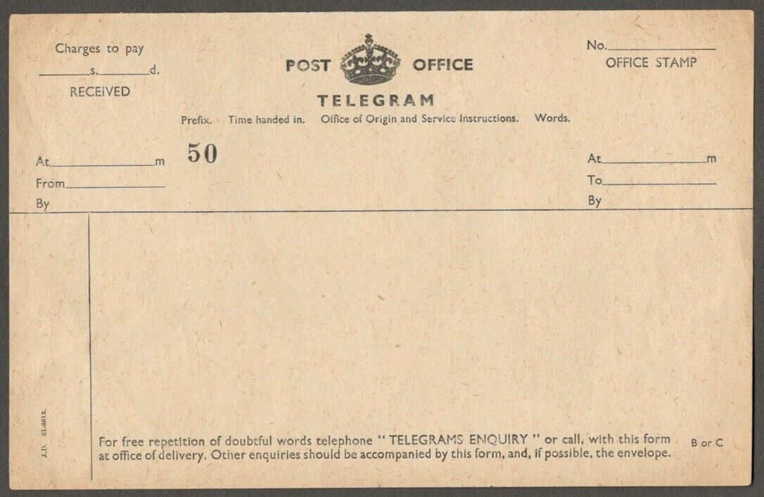 (AOP) GB Post Office Telegram unused 1951