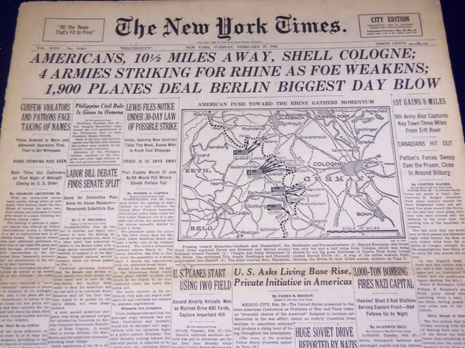 1945 FEB 27 NEW YORK TIMES - AMERICANS 10.5 MILES AWAY, SHELL COLOGNE - NT 565