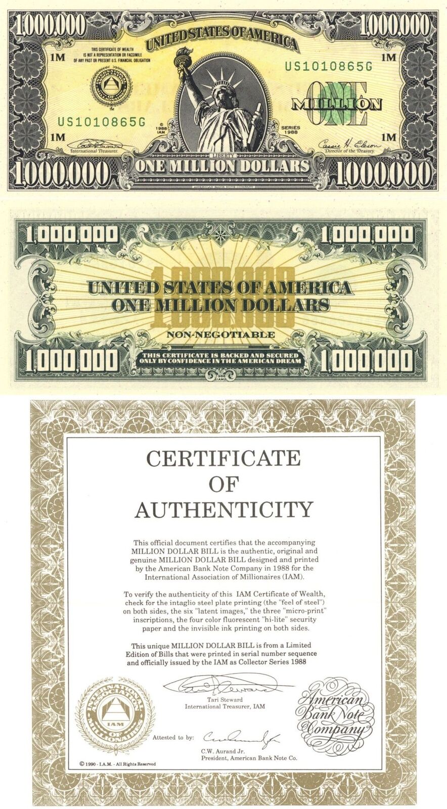 $1,000,000 Note - 1988 dated Million Dollar Bill Novelty made by American Bankno