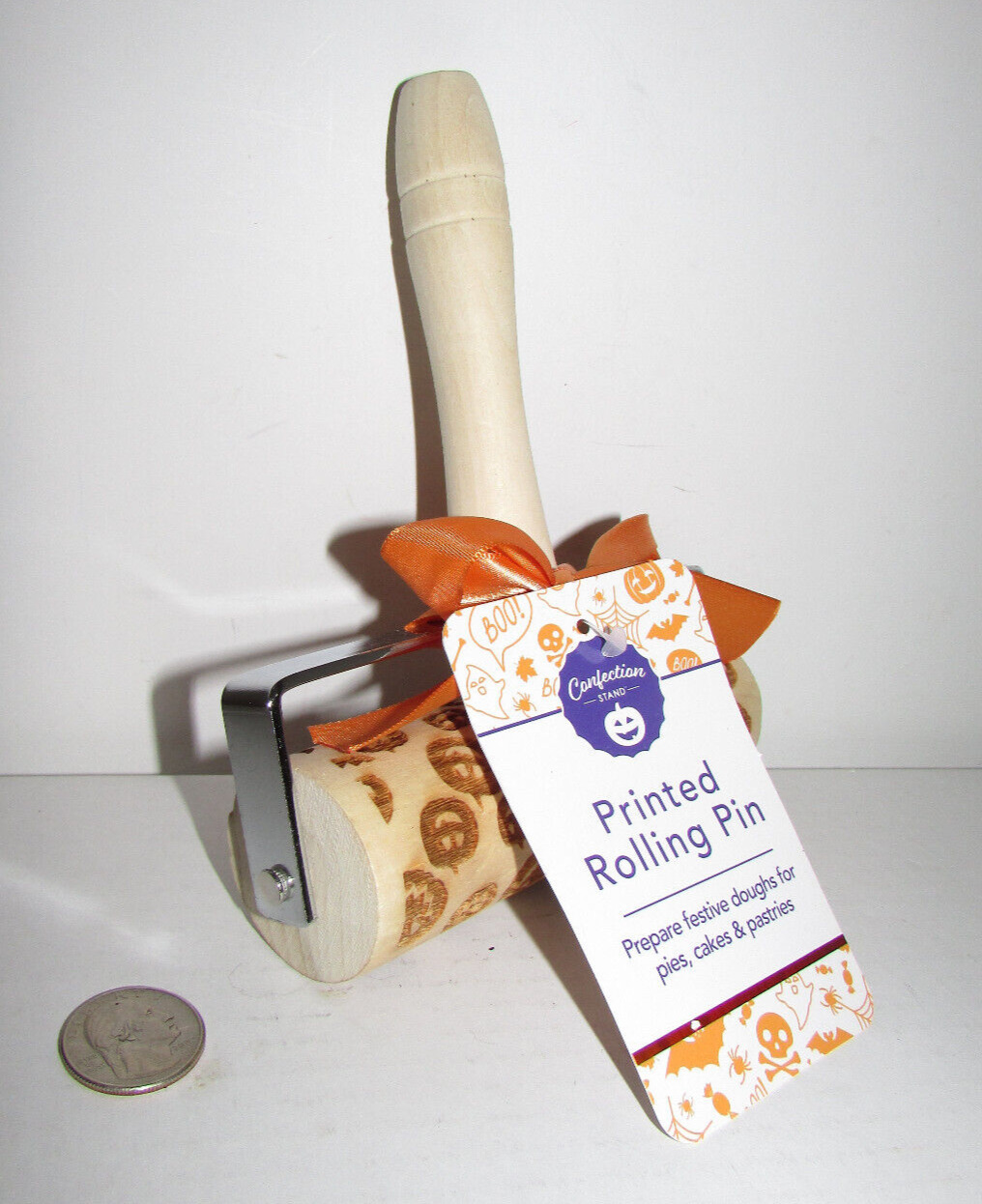 New Carved Embossing Rolling Pin Wooden w Handle & Tag Halloween Pumpkin Imprint