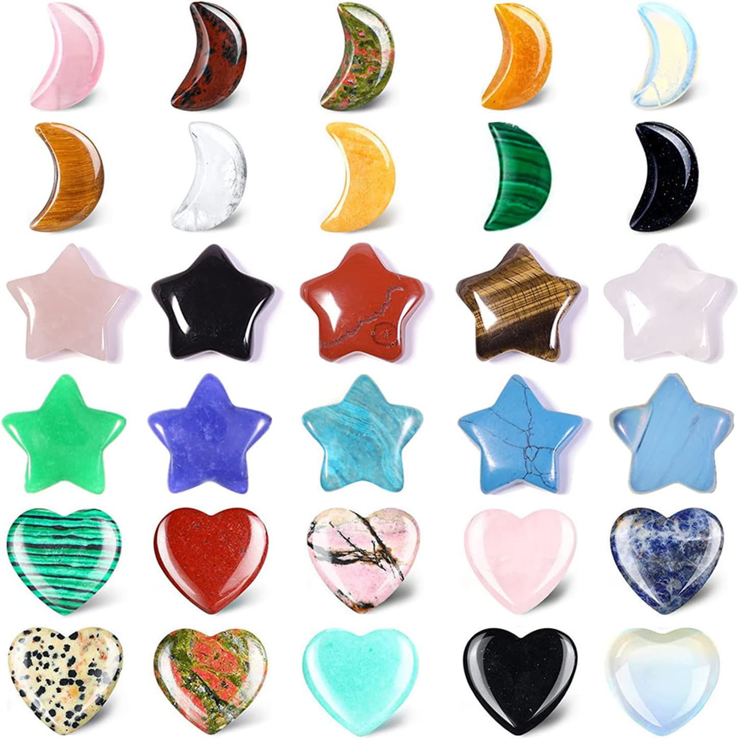 30 Pcs Worry Stones Assorted Heart Star Moon Shaped Crystal Stones Bulks 0.8Inch