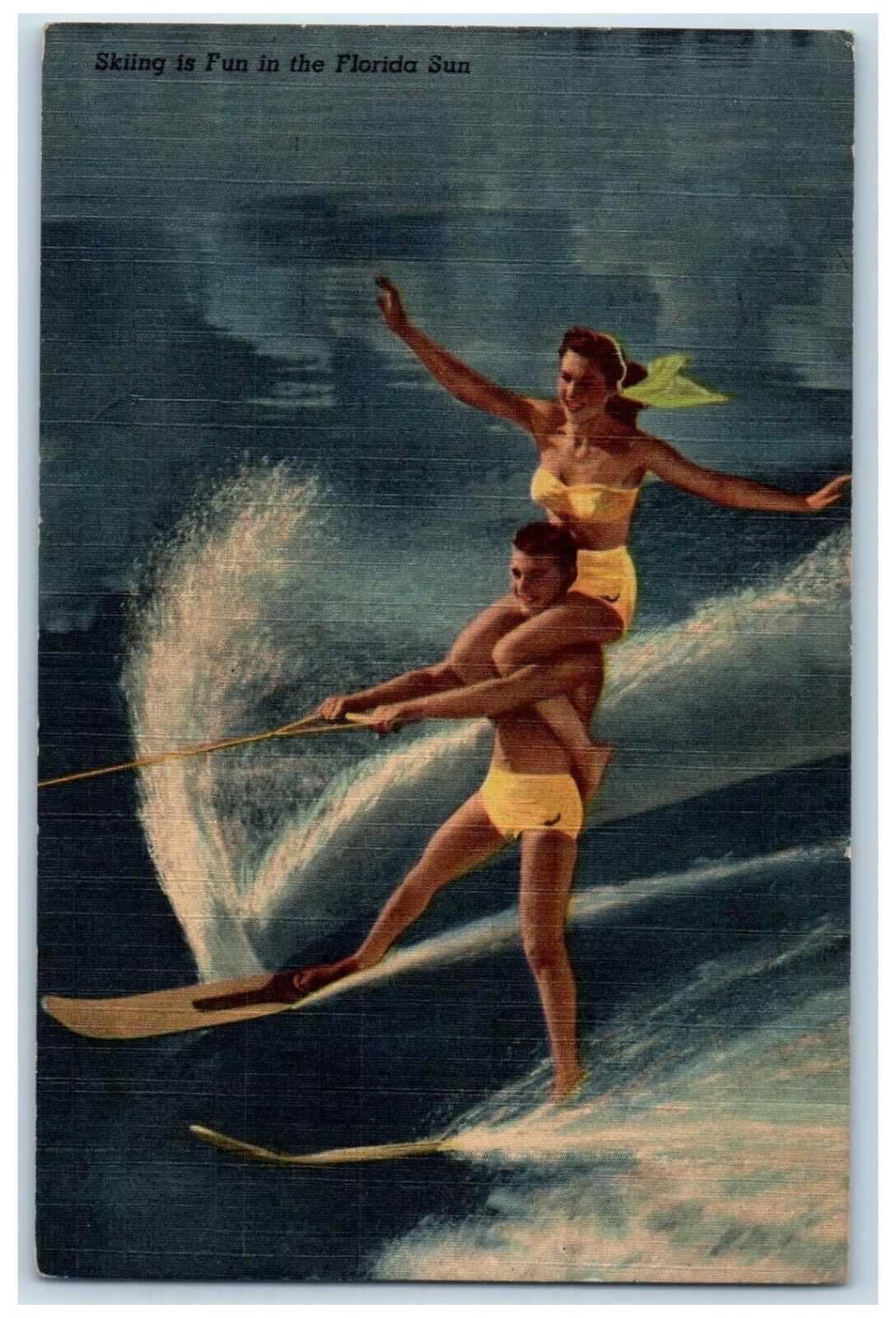 1952 Skiing Fun Florida Sun Topside Tandem Waterski Punta Gorda Florida Postcard