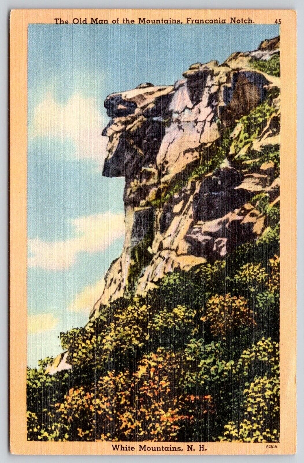 White Mountains NH Old Man Of Mountain Rock Formation Linen Cancel WOB Postcard