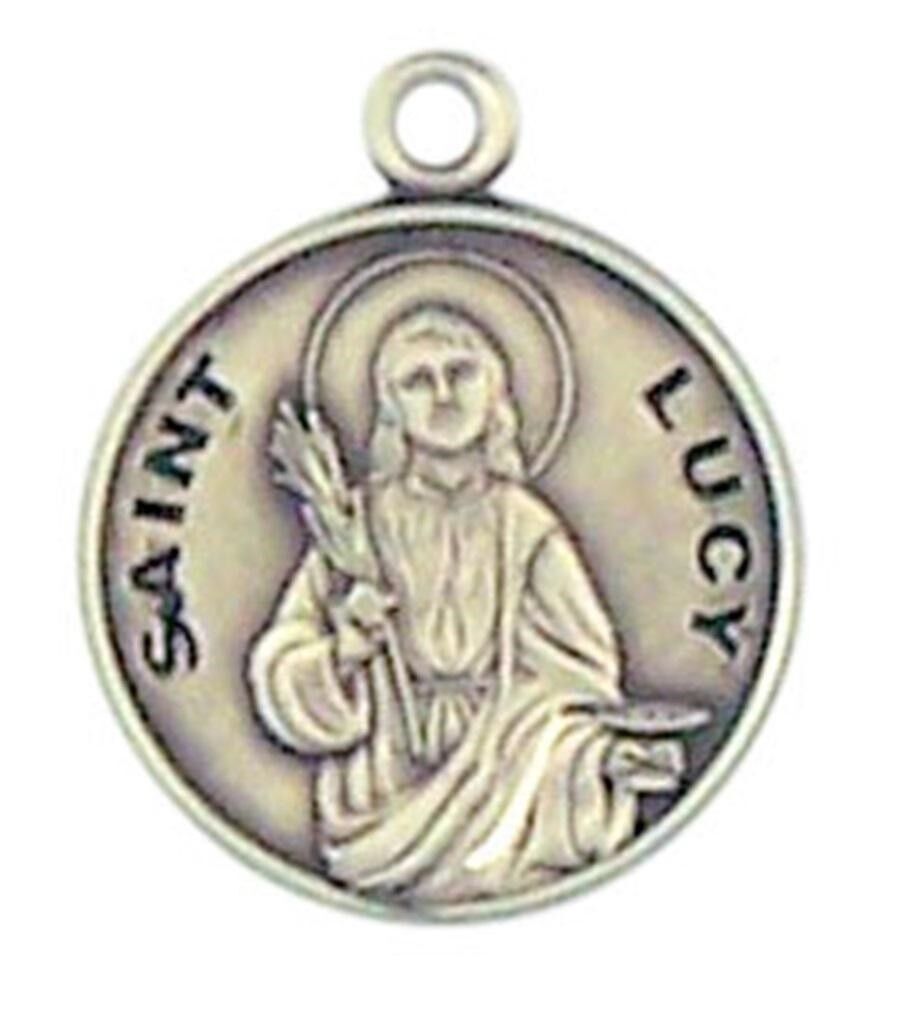 Patron Saint St Lucy 7/8 Inch Sterling Silver Medal on Rhodium Plated Chain