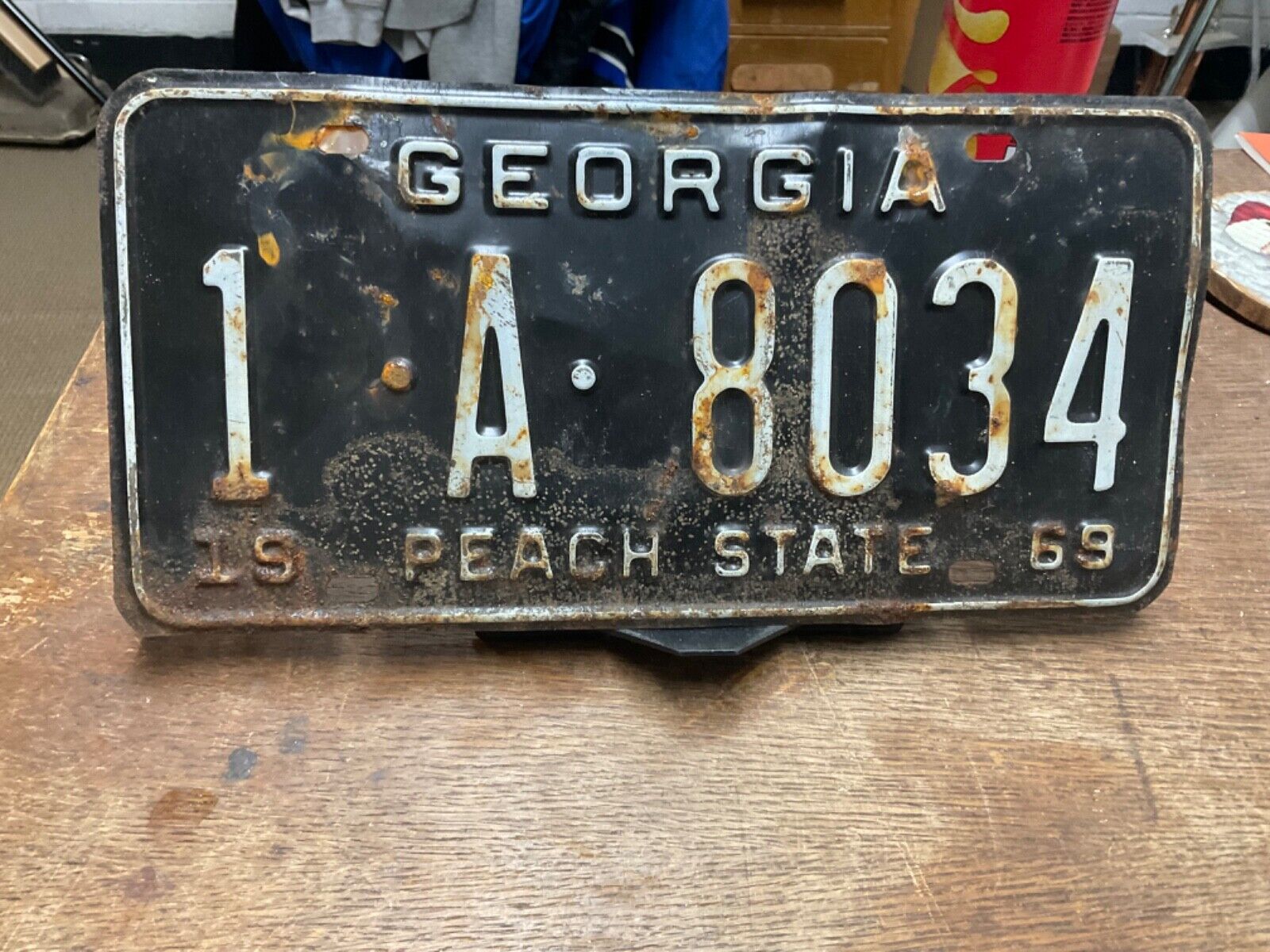 License Plate Tag Georgia GA 1969 1 A 8034 “Peach State” Rough Rustic USA