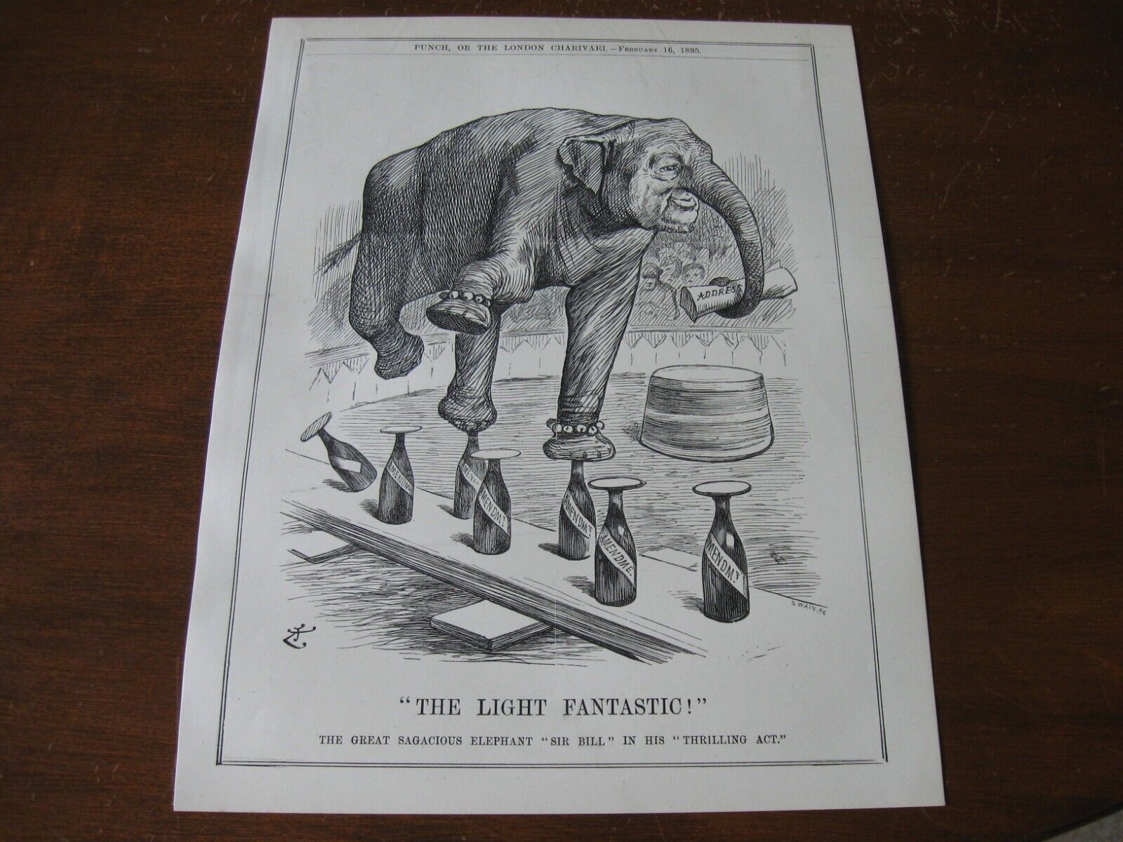 1895 Original POLITICAL CARTOON - TRAINED CIRCUS ELEPHANT