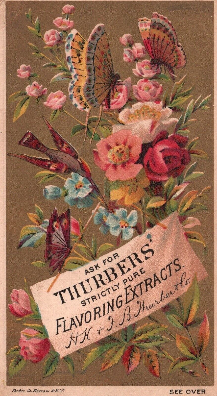 1880-90\'s Colorful Butterfly & Flowers Thurber\'s Flavoring Extracts Trade Card