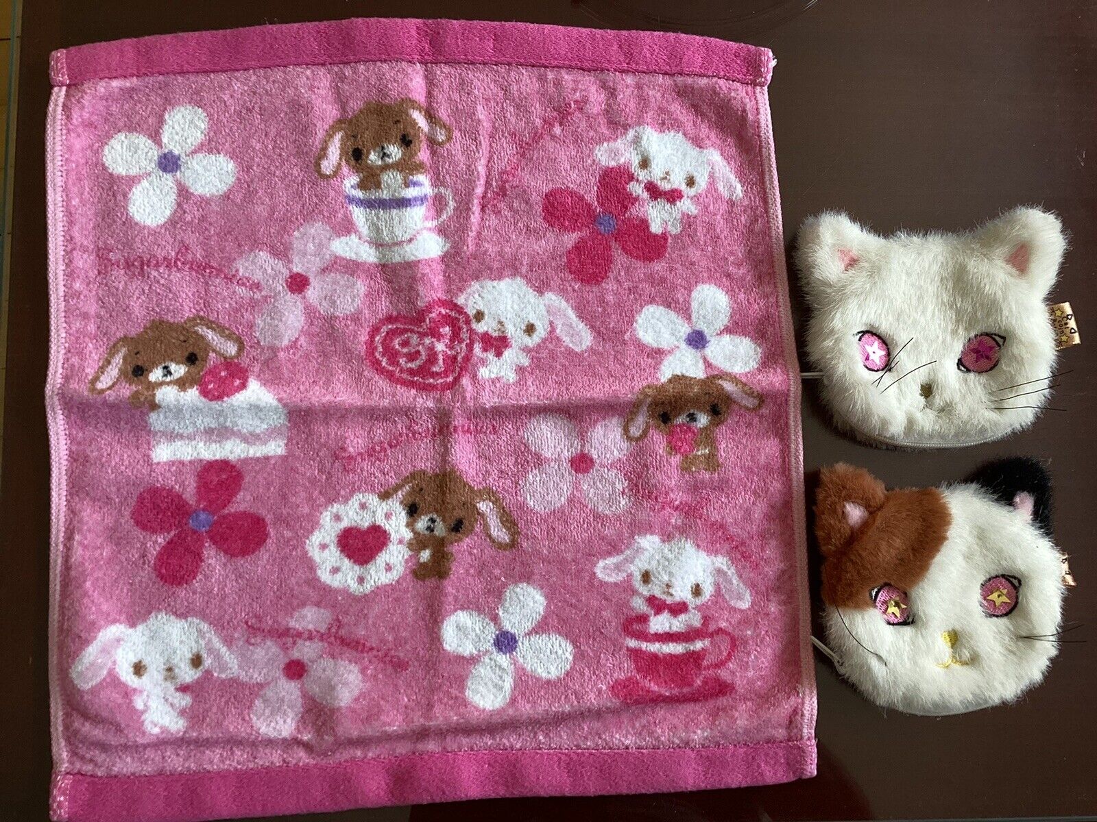 SANRIO Sugarbunnies Hand Towels & two Cat Furry Jipped Purses