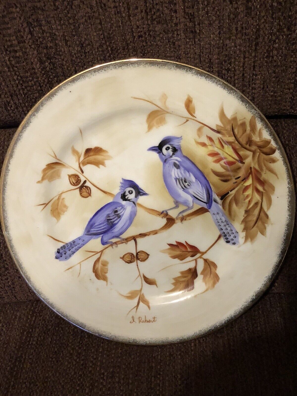Vintage Royal Crown Fine China Plate Hand Painted Birds - Blue Jays Signed 10”