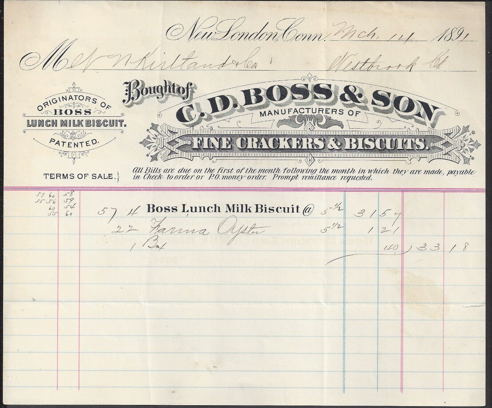NEW LONDON, CT ~ C. D. BOSS & SON, CRACKERS & BISCUITS ~ ILLUS. BILLHEAD 1891
