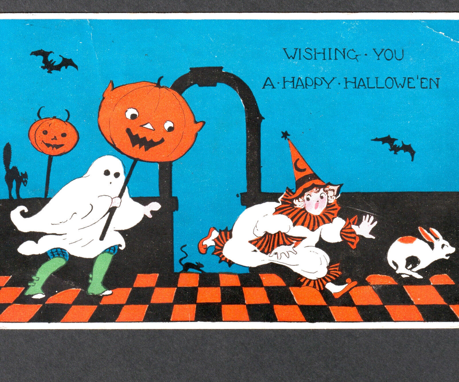 Wishing You a Happy Halloween Ghost Clown Rabbit JOL Bat Gibson GA24 PostCard