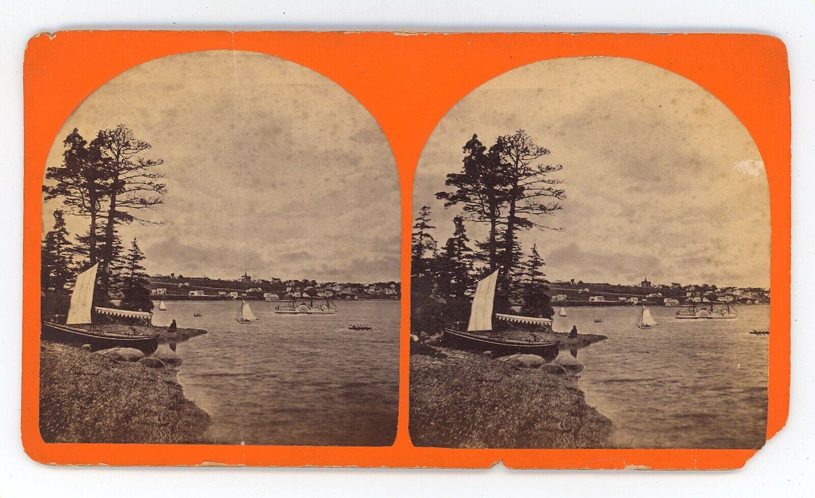 c1900's Real Photo 7X4 in Stereoview Sail Boats Sailing on a Lake Pine Trees