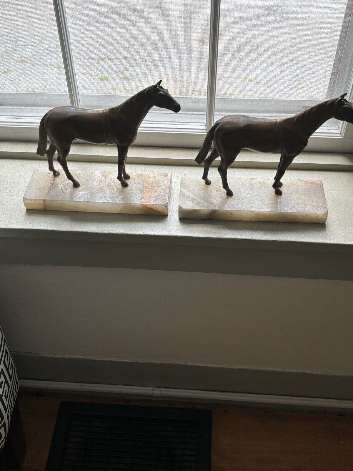 Vintage Pair Of Mid Century Onyx Based Metal Horse Bookends