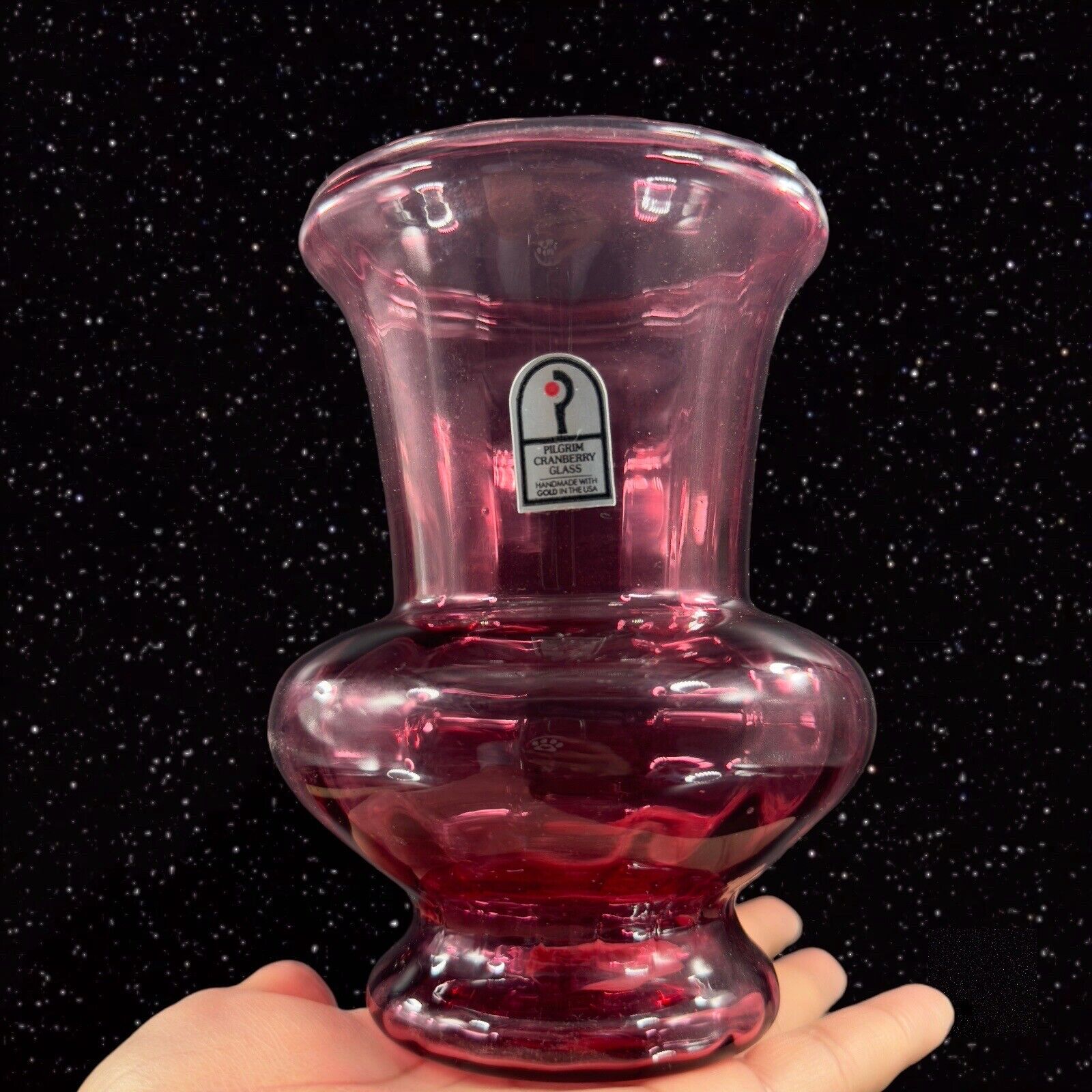 Vintage Pilgrim Art Glass Vase Cranberry Handmade With Gold USA Glass W Sticker