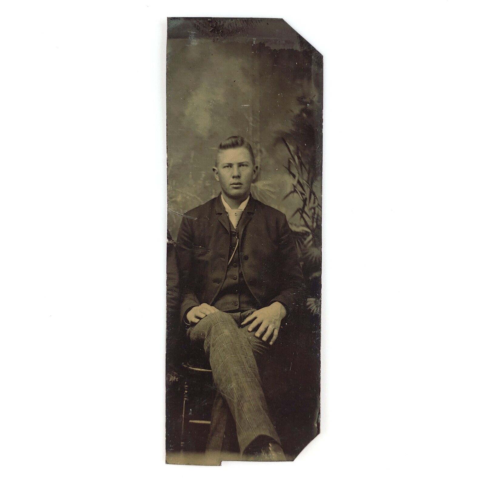 Hated Cutoff Seated Man Tintype c1870 Antique 1/6 Plate Chair Sitter Photo B3149