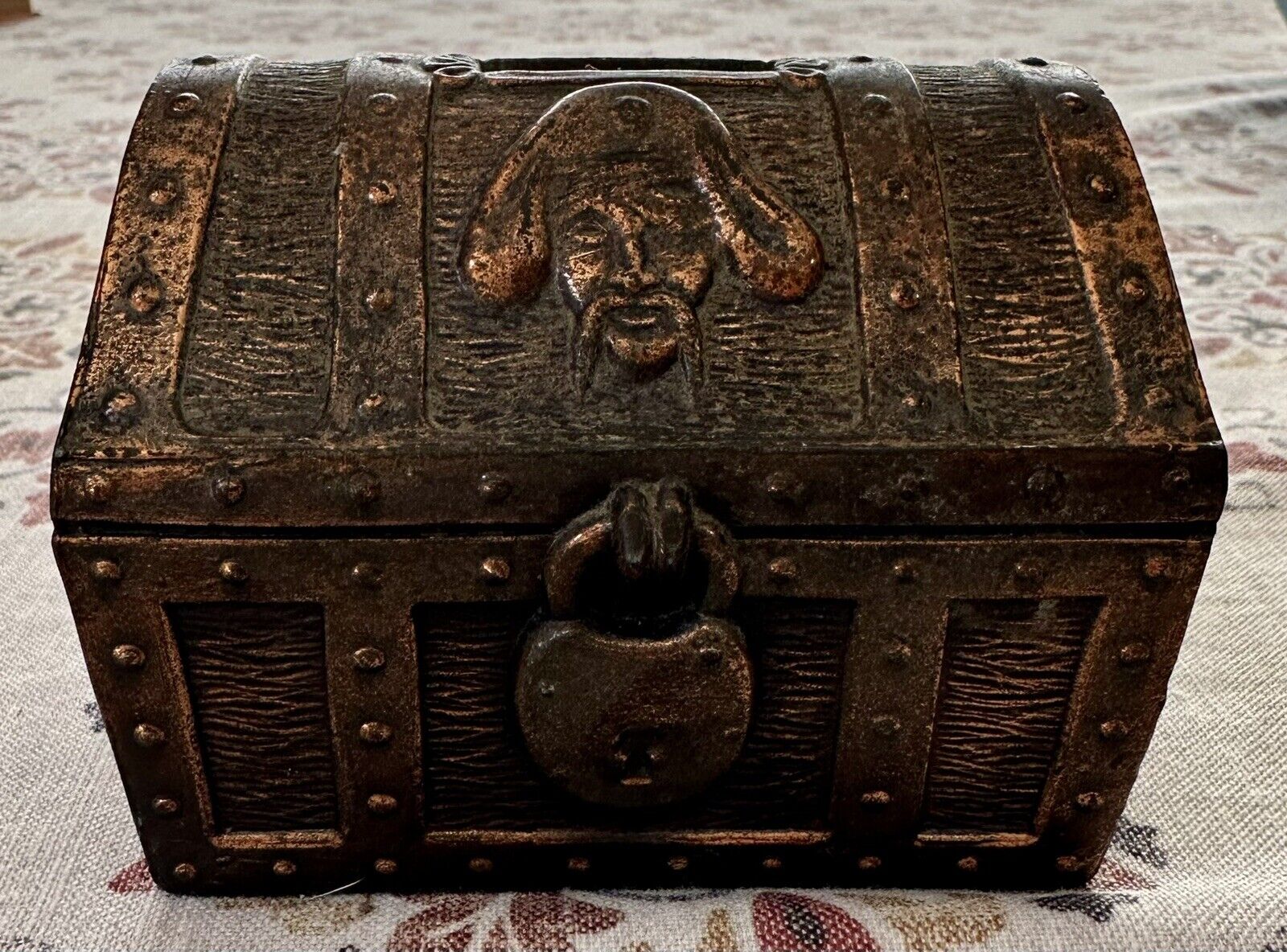Vintage MFG Metal Pirate Treasure Chest Piggy Bank. Brass Or Copper