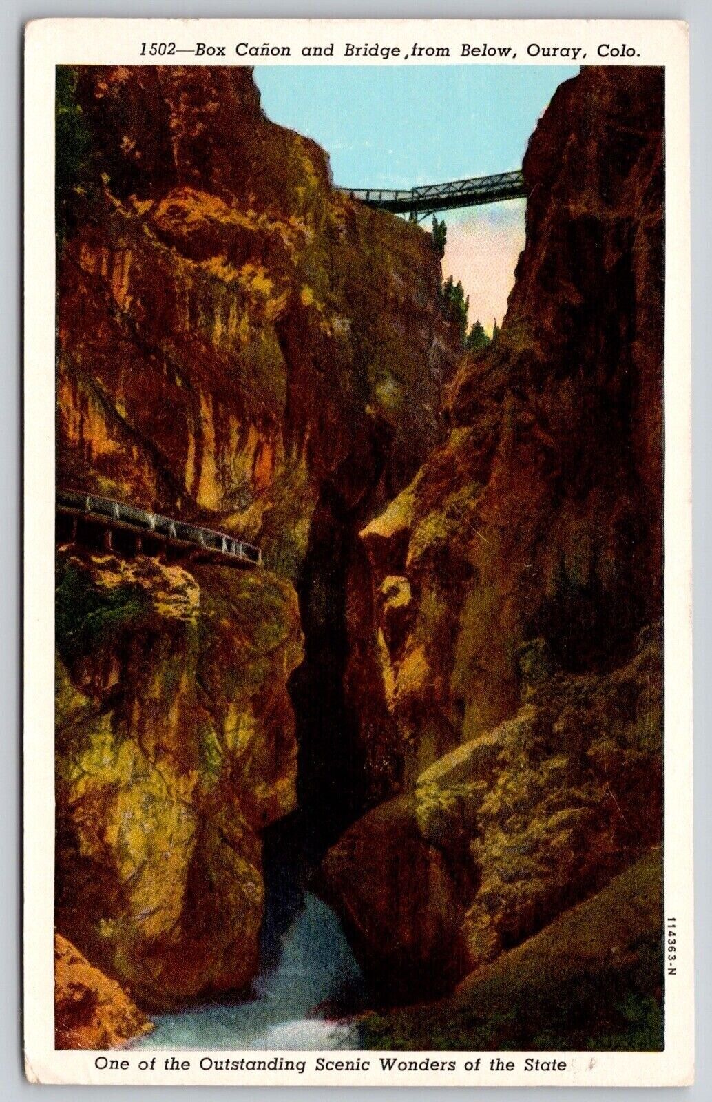 Box Canyon Bridge Ouray Colorado Rock Formations River Vintage WOB PM Postcard