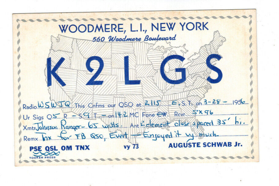 Ham Radio Vintage QSL Card     K2LGS   1956   Woodmere, L.I., New York