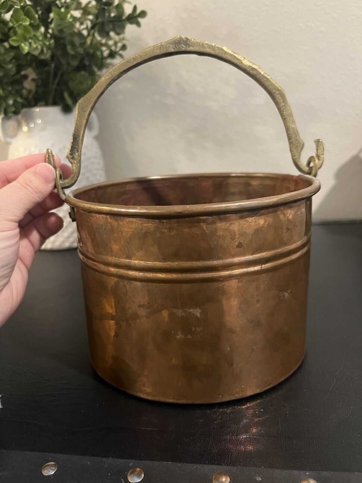 Vintage COPPER Pail Bucket Cast BRONZE Handle Rustic Primitive Country 