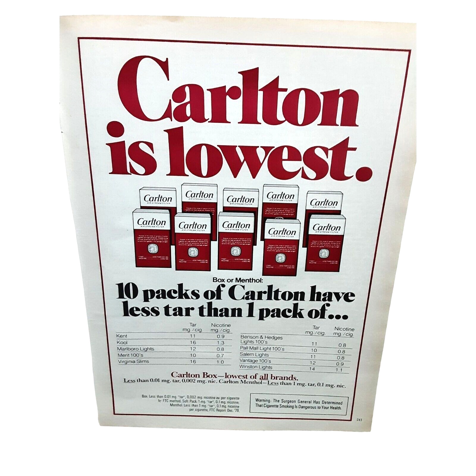 1981 Carlton is Lowest Less Tar Ad Vintage Advertising