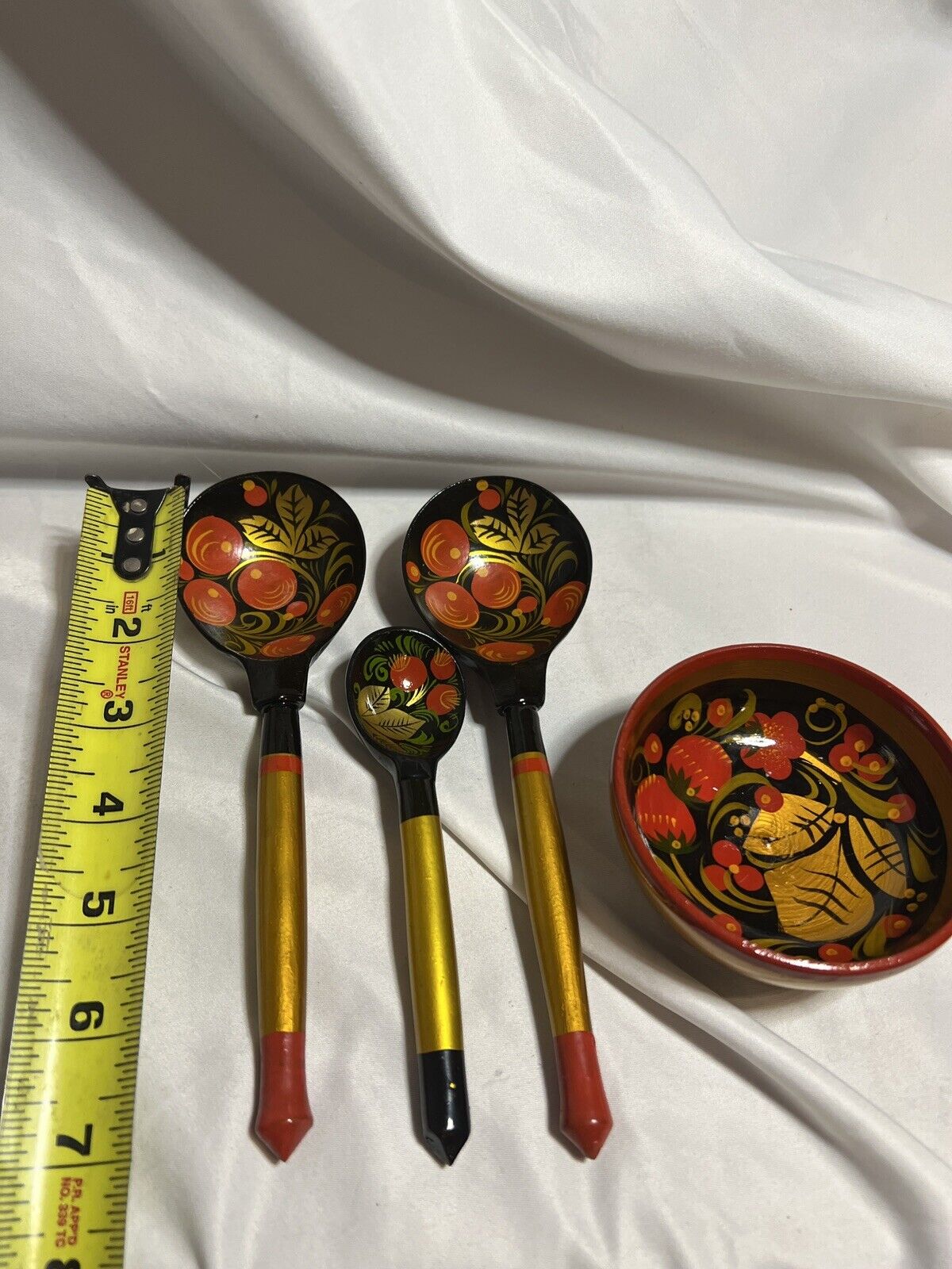 Set of 3 spoons and 1 bowl Vintage Khokhloma Russian painted Lacquer