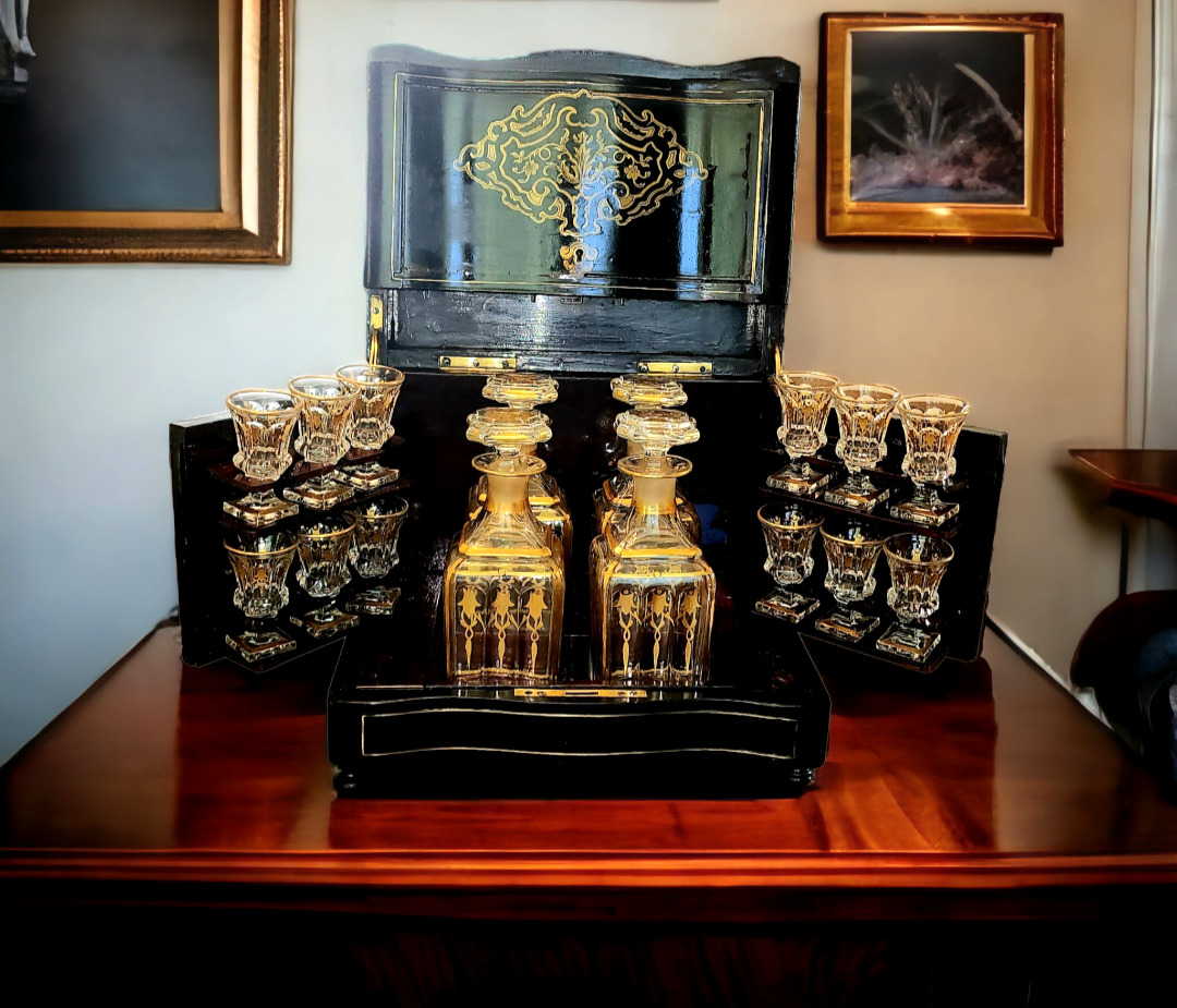 Antique 19c French  Liqueur Decanter Box Cabinet  Baccarat Gold Set Napoleon II