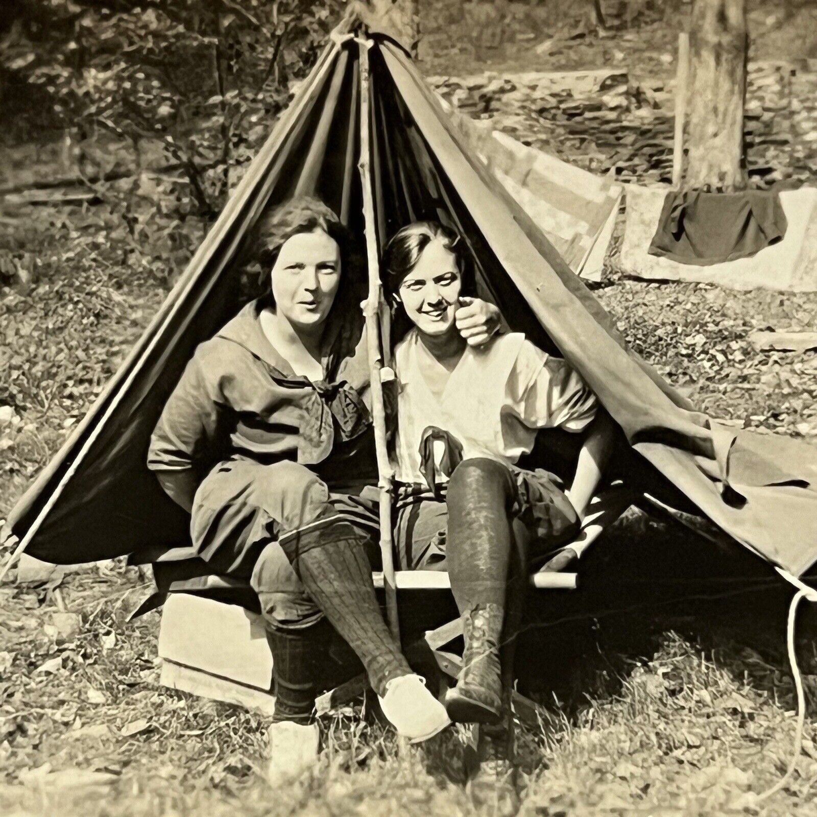 Vintage Snapshot Photograph Young Women Teen Girls On Camping Trip In Tent