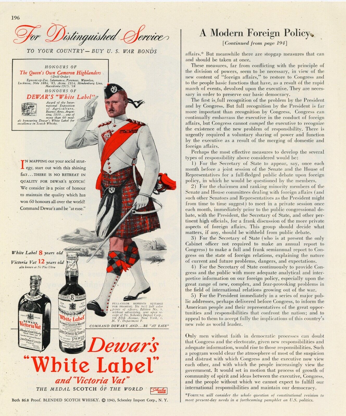 1943 Dewar's White Label Scotch Whiskey Ad: Queen's Own Cameron Highlanders Pic