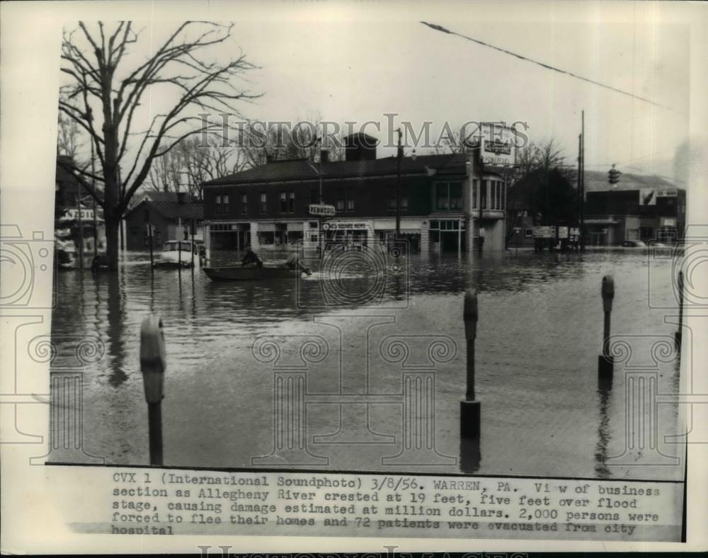 1956 Press Photo Business Section of Warren Pa. at 19 feet over flood stage