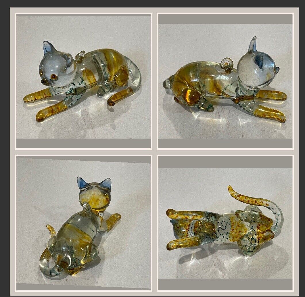 Vintage Art Glass Handblown Multicolored Blue Amber Small Cat Figurine Ornament