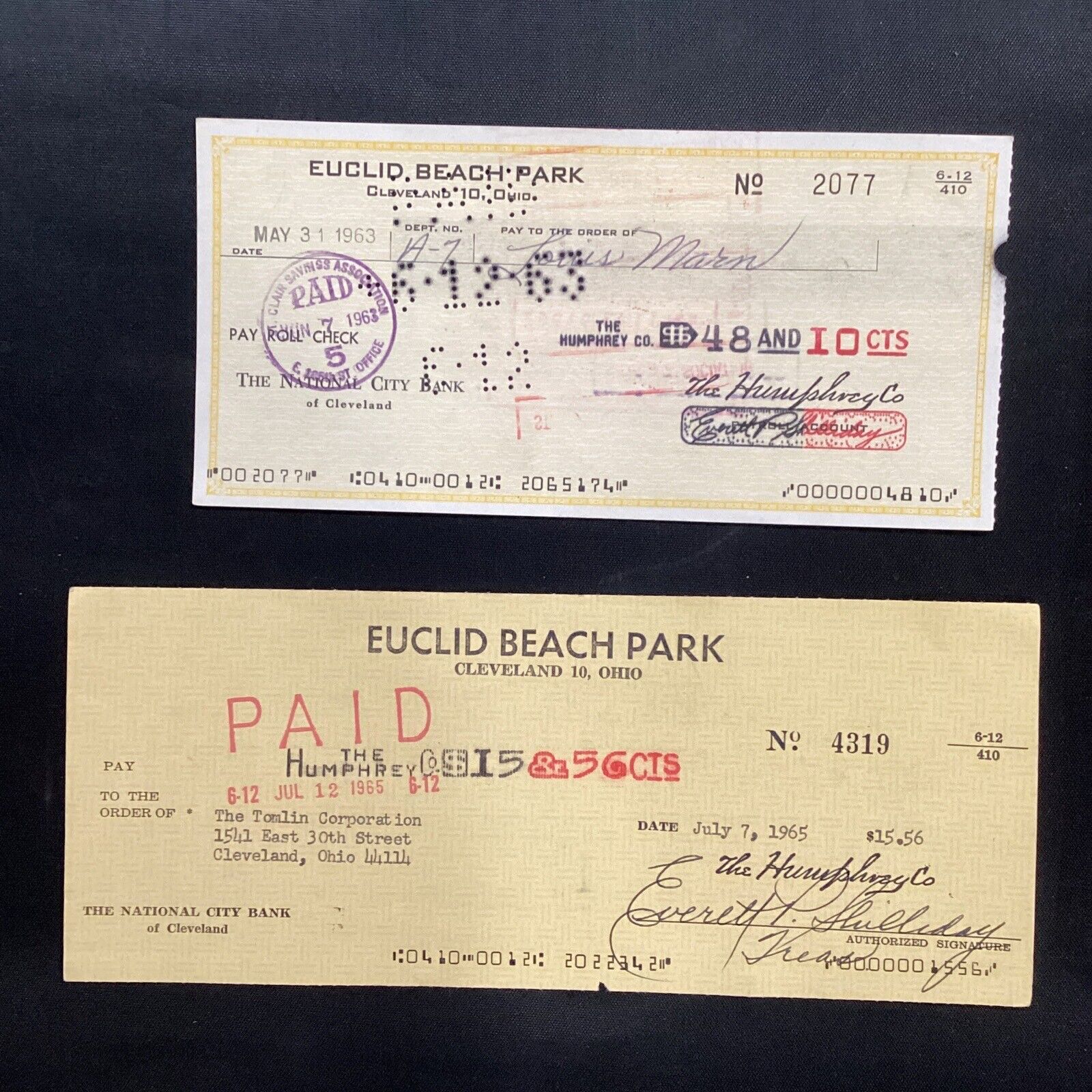 1963-1965 Euclid Beach Amusement Park Cleveland Ohio Original Check Pair