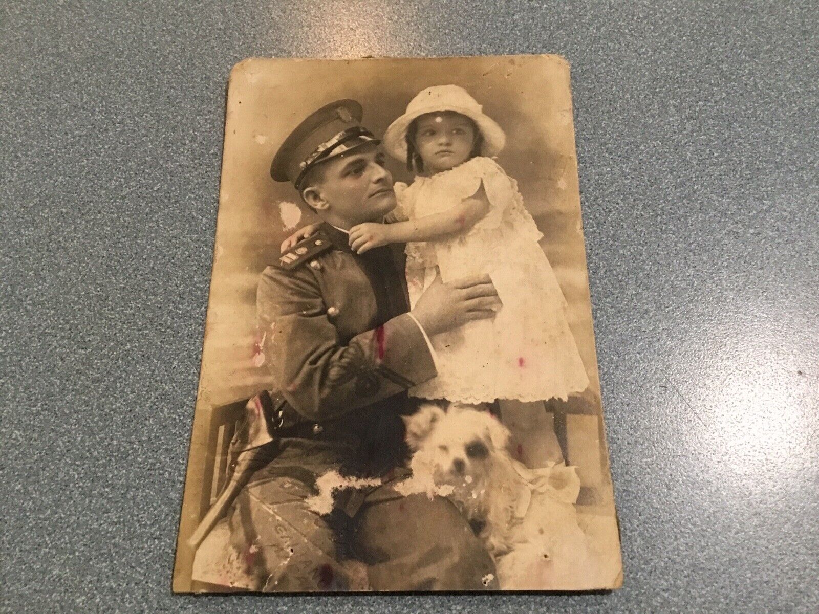Circa 1920 RPCC Real Photo Postcard MILITARY OFFICER W/ LITTLE GIRL & DOG EUROPE