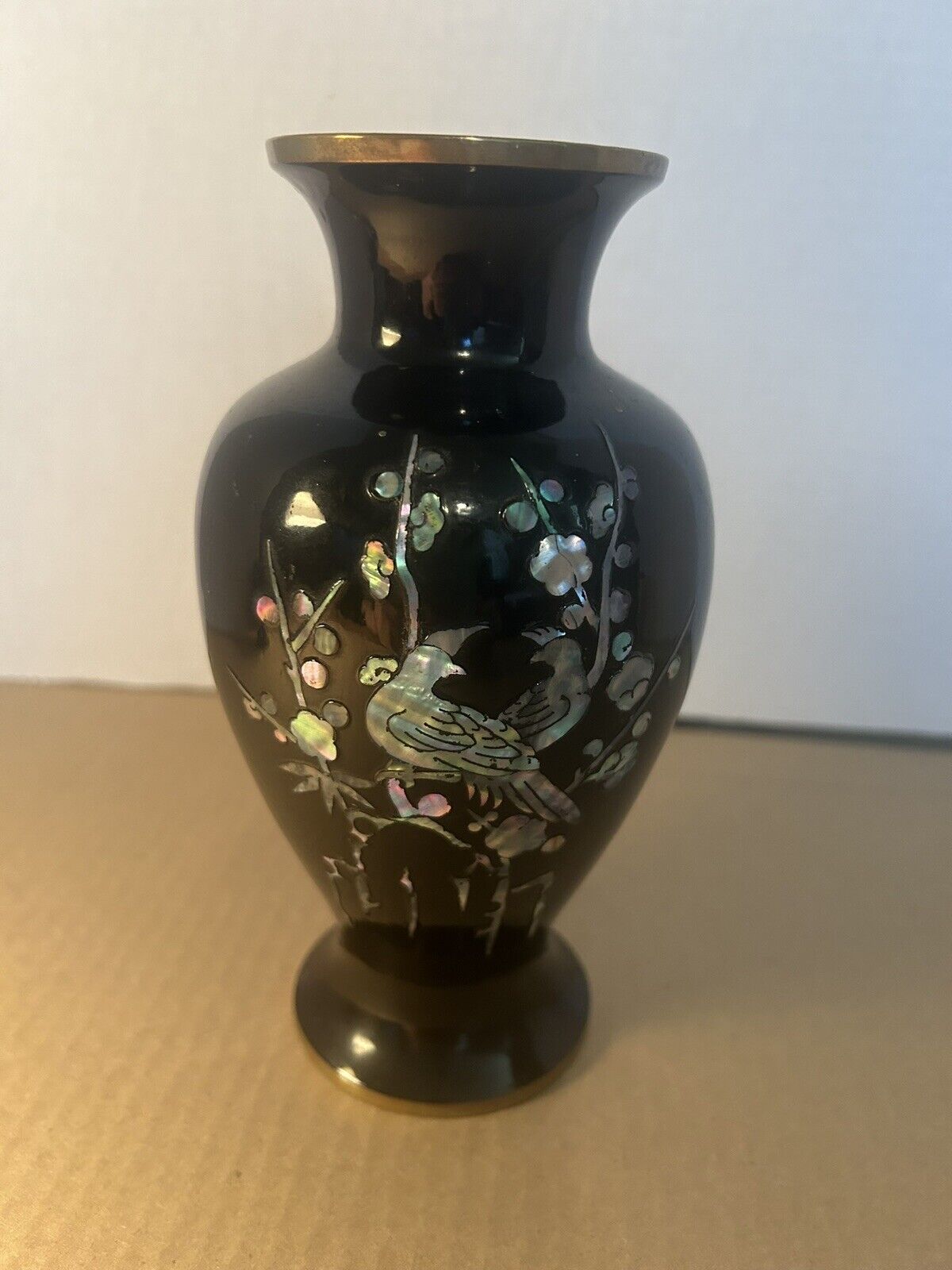 Vintage Asian Black Enamel Brass Vase Bird Floral Mother of Pearl Inlay 7.5”