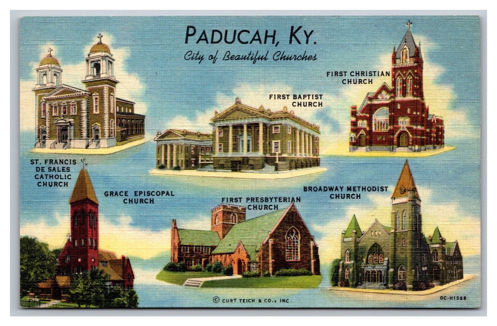 Paducah KY Kentucky City of Beautiful Churches Unposted Linen Postcard