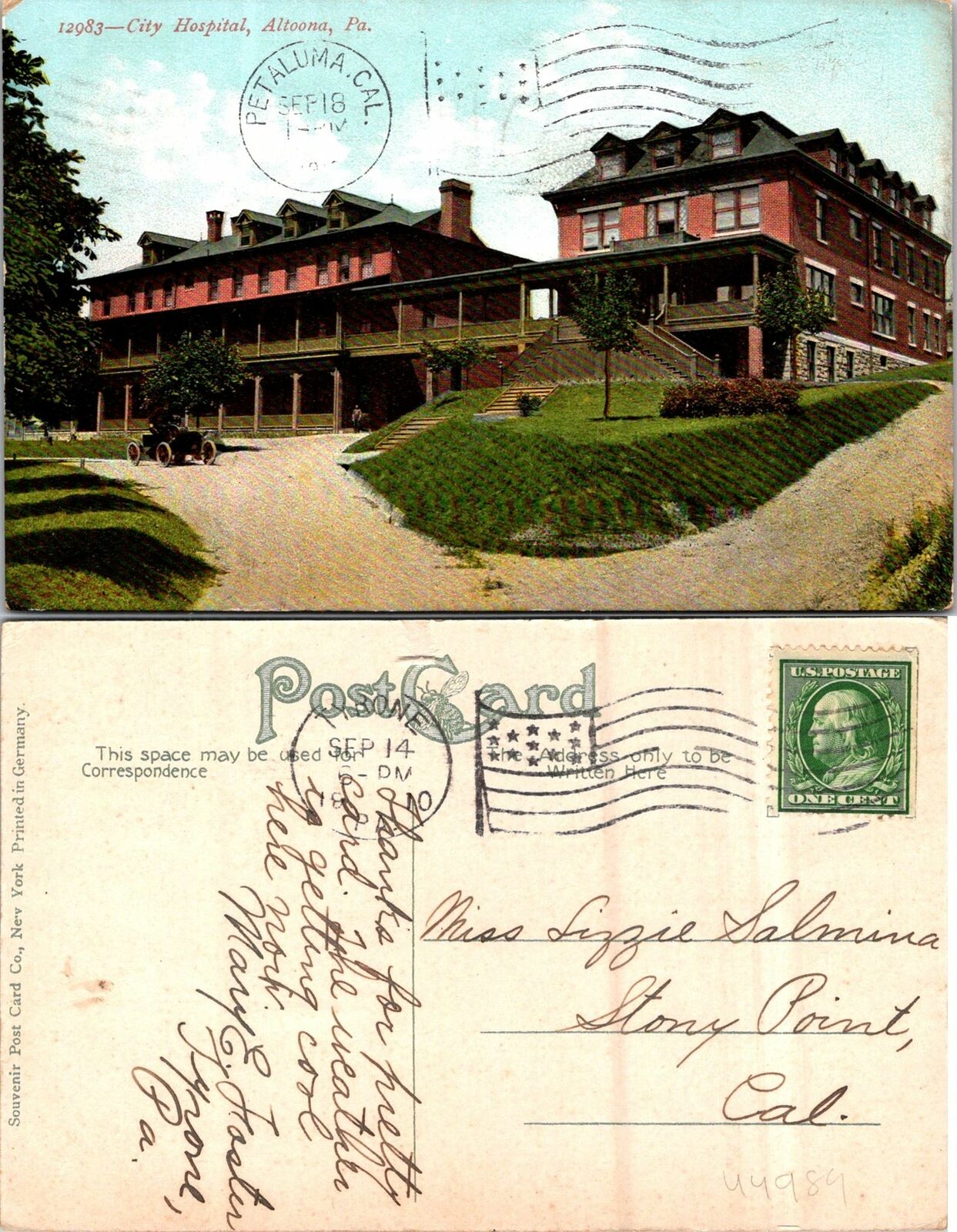 Altoona PA City Hospital Postcard Used (44989)