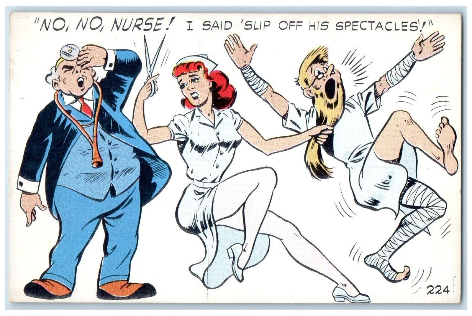 c1930's Nurse Scissor I Said Slip Off His Spectacles Comic Humor Postcard