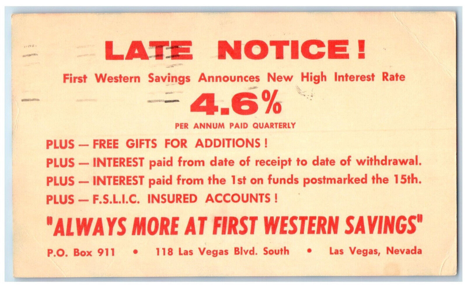 c1950's First Western Savings Late Notice 4.6 Las Vegas Nevada NV Postal Card