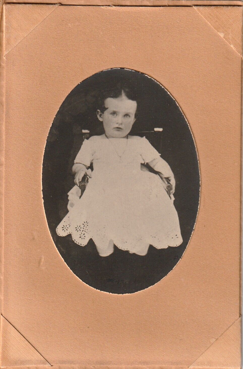 Antique Photo Sweet Little Girl Black Hair Necklace Mounted on Board B&W