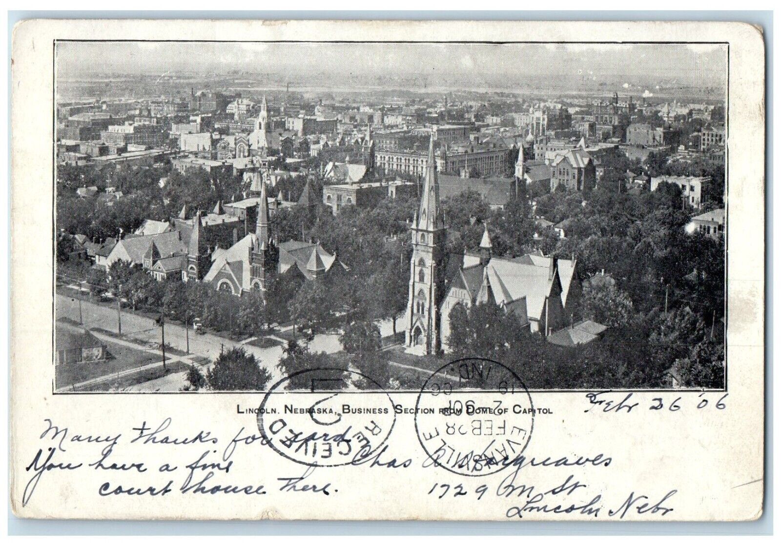 1906 Bird\'s Eye View Business Section Dome Capitol Lincoln Nebraska NE Postcard
