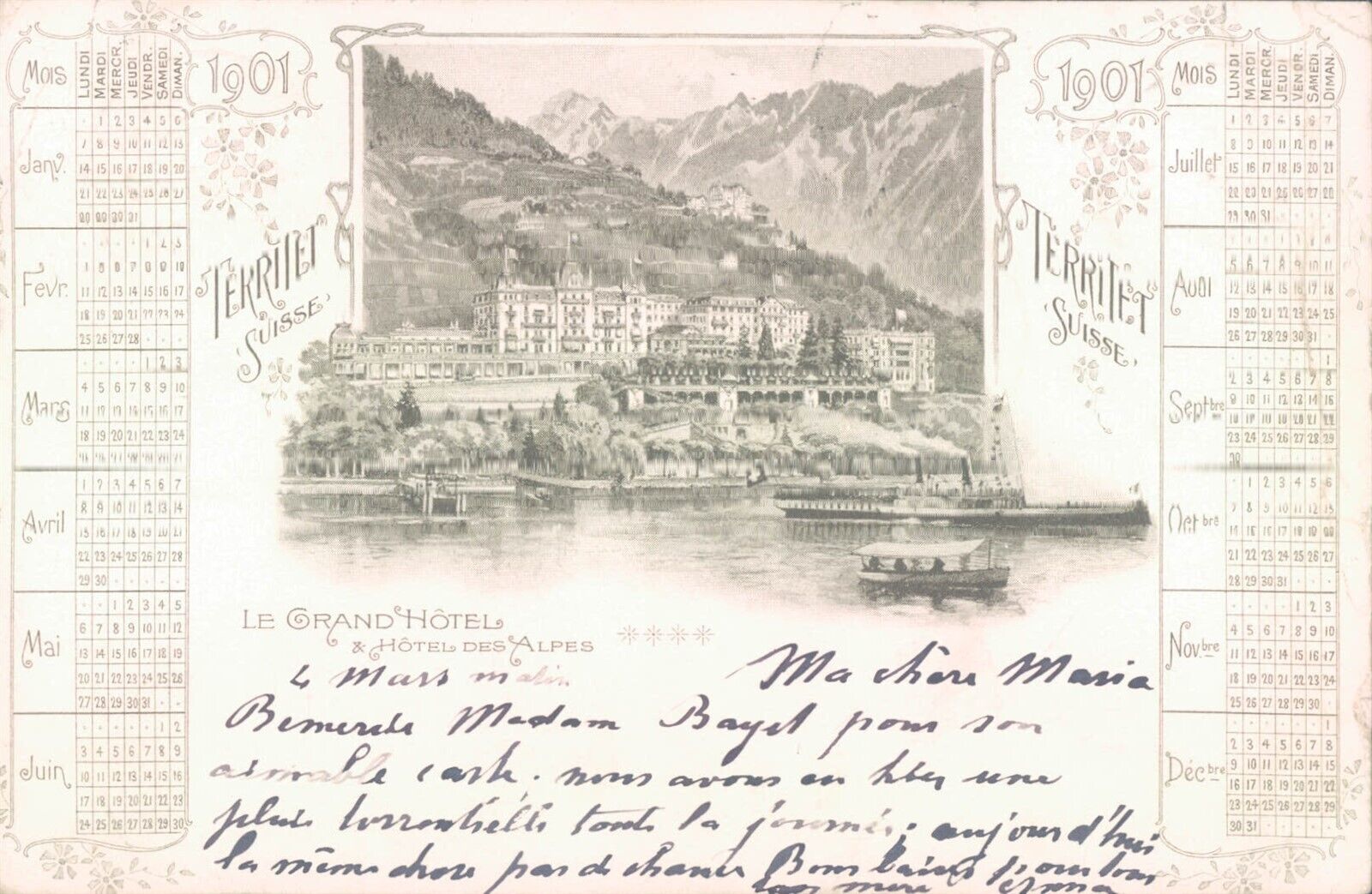 SWITZERLAND Territet Grand Hotel 1901 litho PC