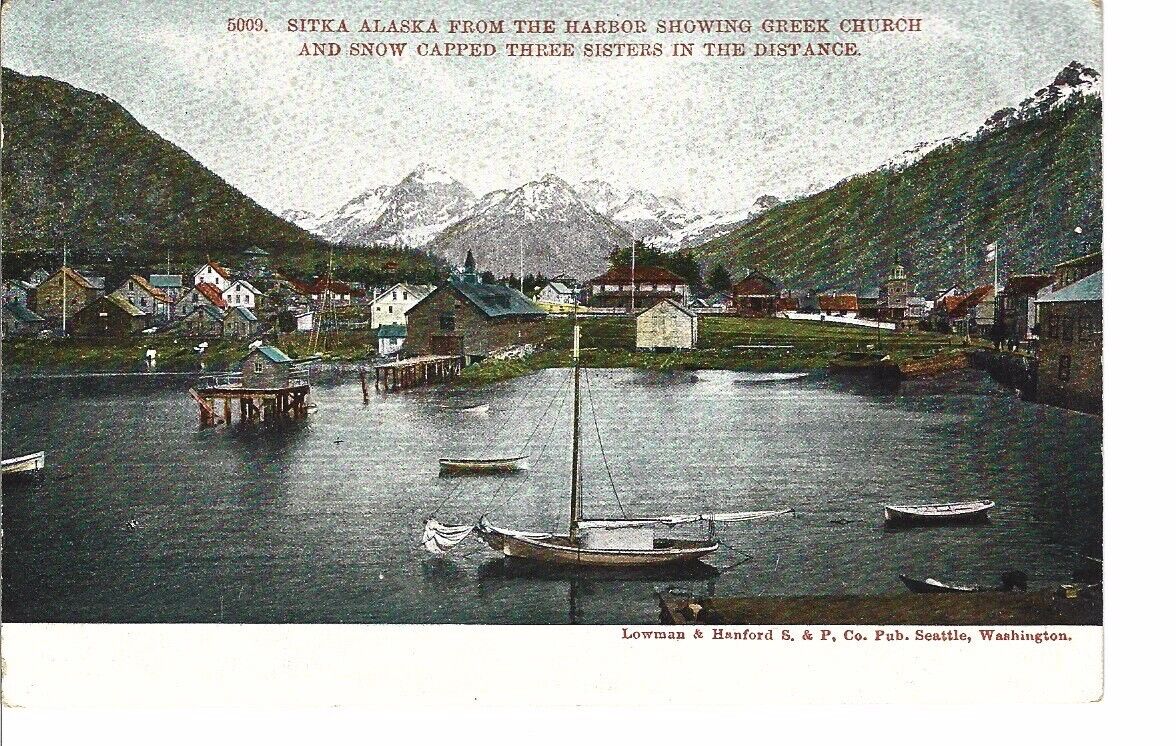 Sitka Alaska Antique Postcard Harbor Greek Church Three Sisters Mountains 1900
