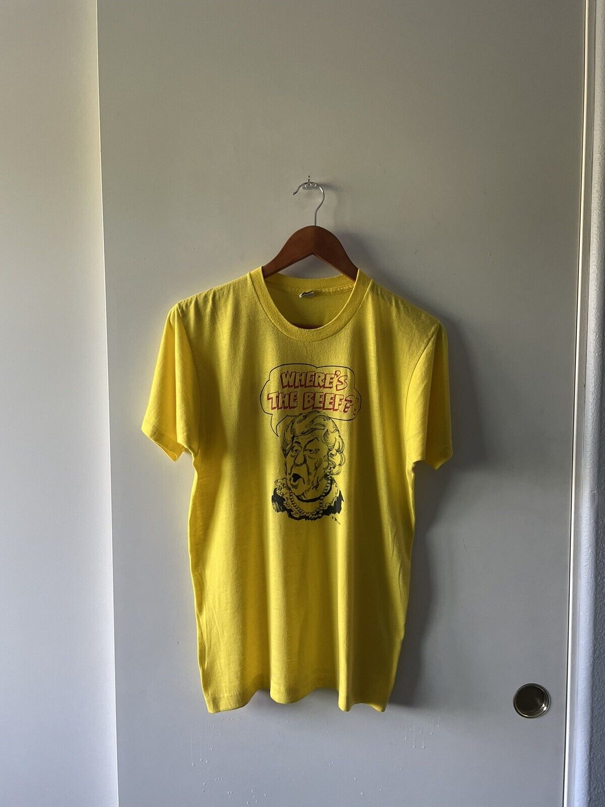 Rare Vintage 1980s Wendy’s “Where’s the Beef?”  Yellow Advertisement Shirt  1984