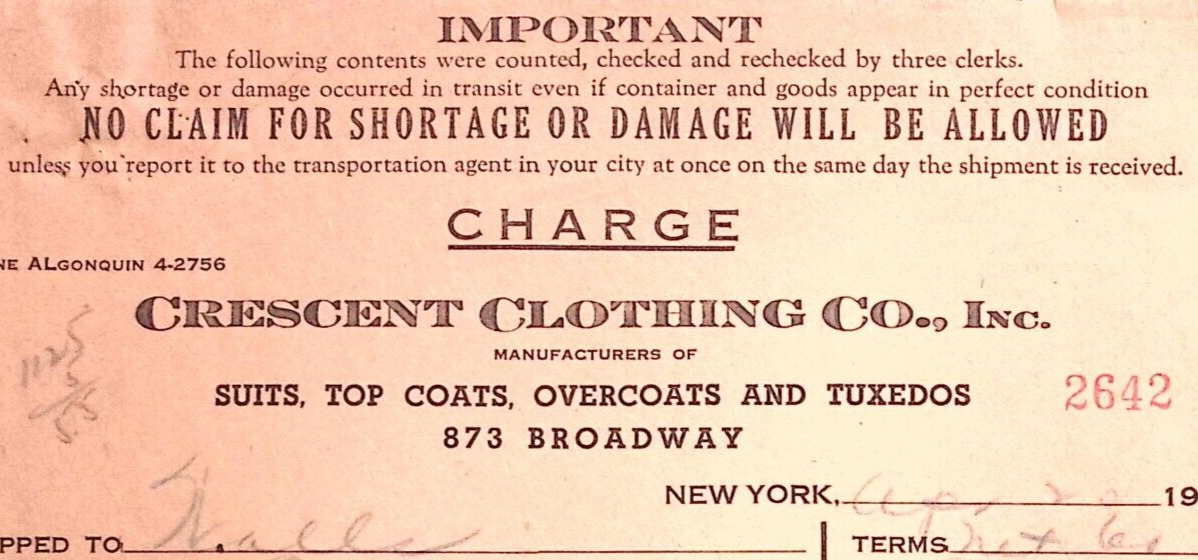 1937 CRESCENT CLOTHING CO NY WALLS ORVILLE OHIO BILLHEAD STATEMENT Z412