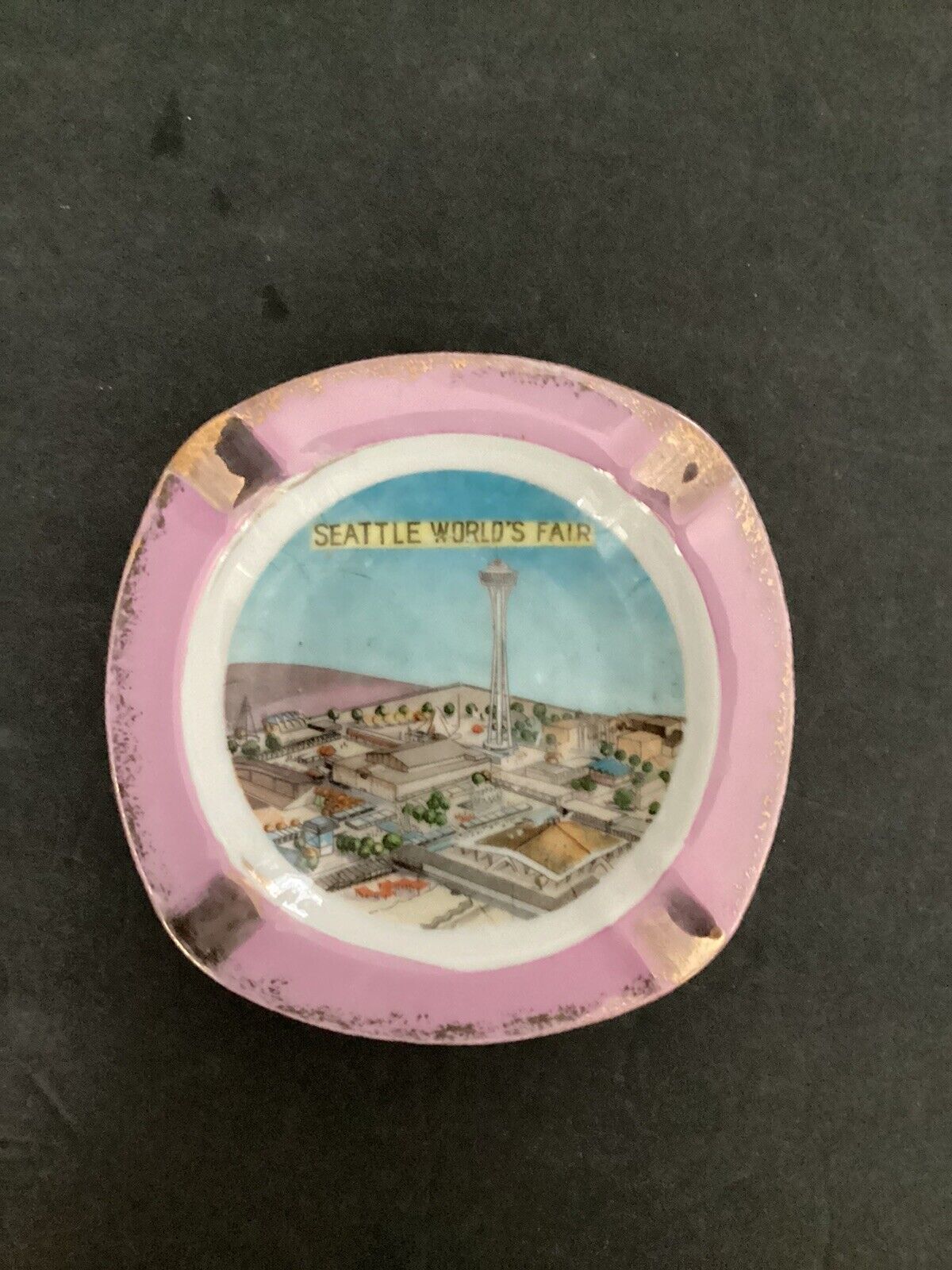 Seattle Worlds Fair Ashtray 1962- Pink And Gold Border