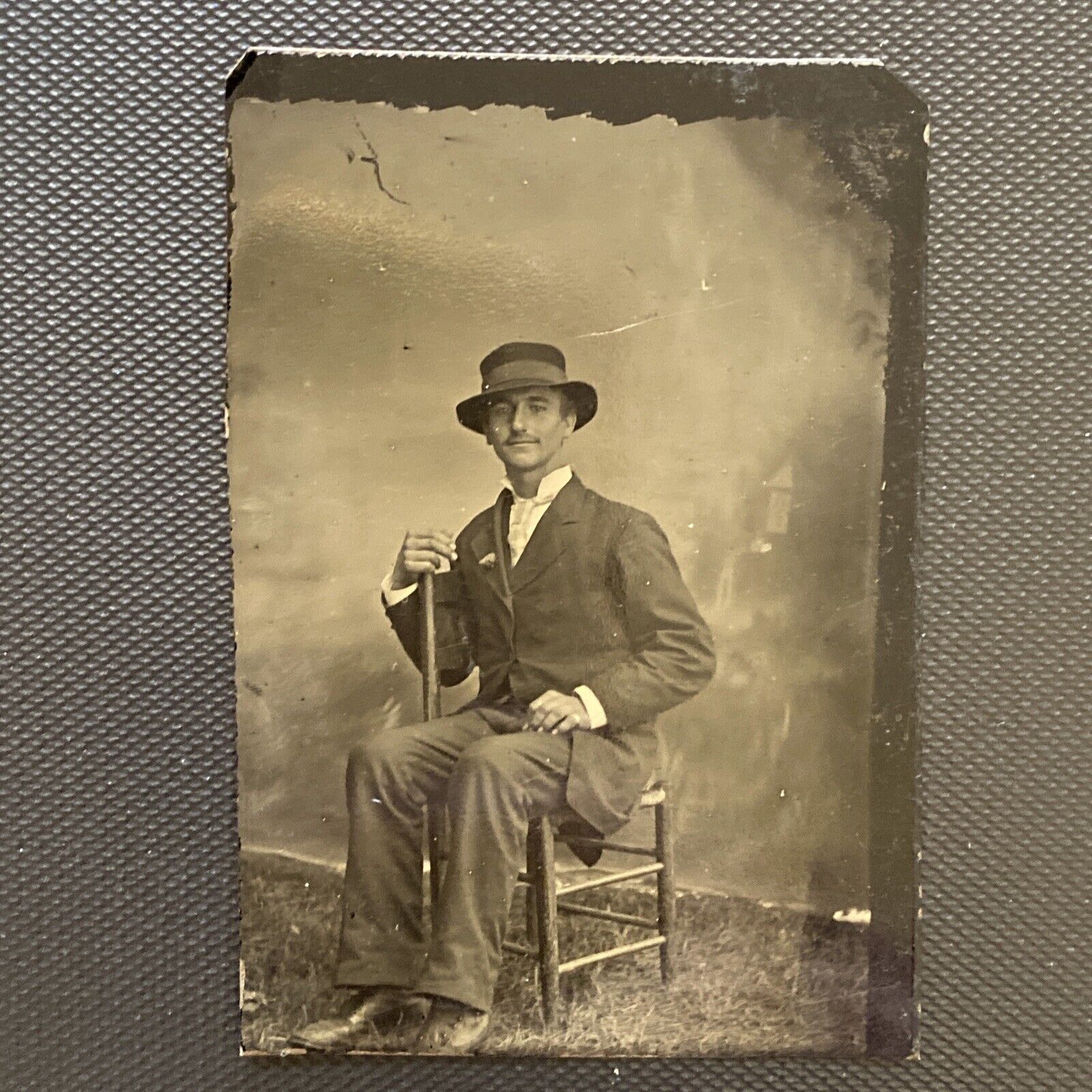 ATQ Circa 1840 1865 Tintype Dressed Up Man With Hat And Cane civil War Era