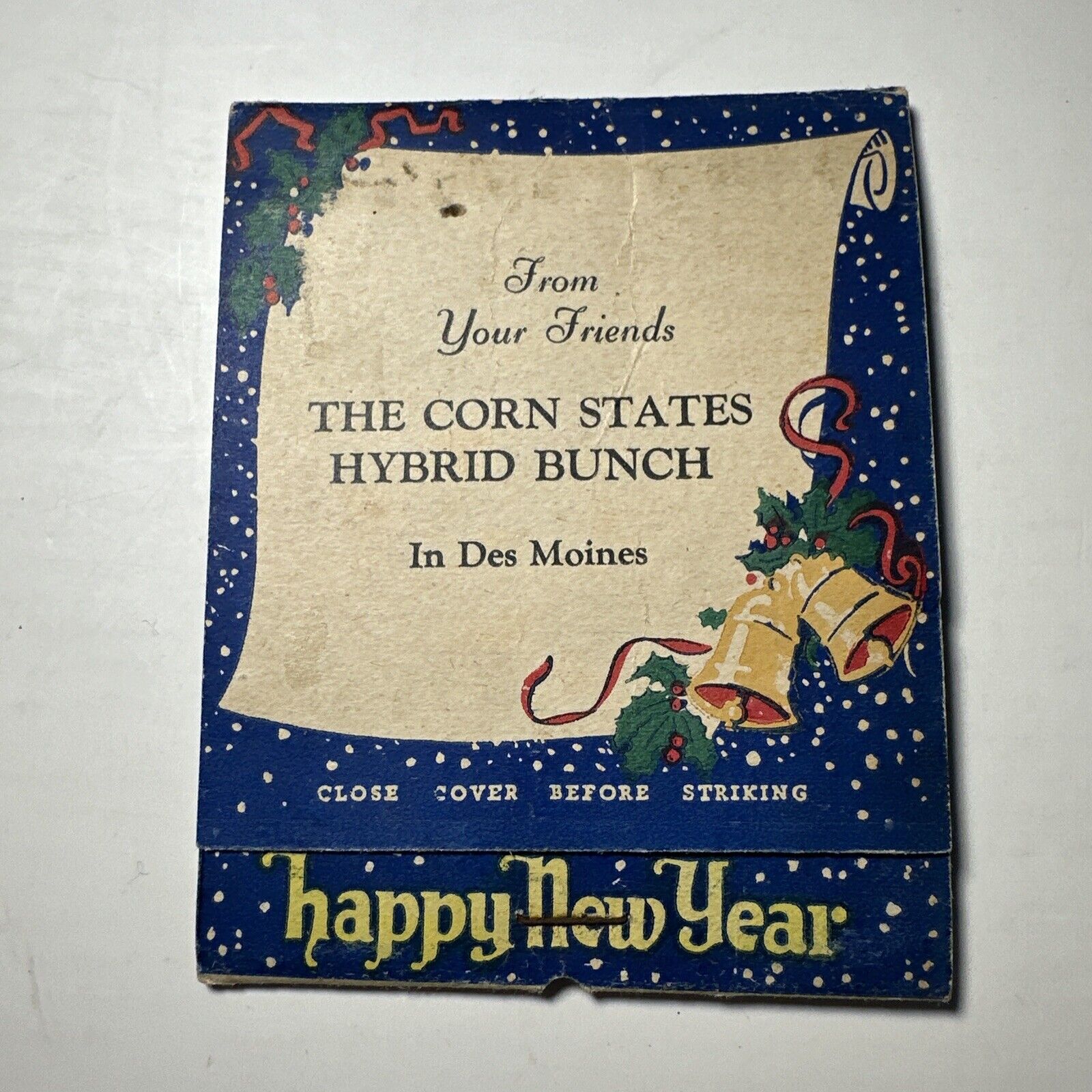 Vintage Giant Matchbook Merry Xmas 1930\'s The Corn States Hybrid Bunch Des Moine
