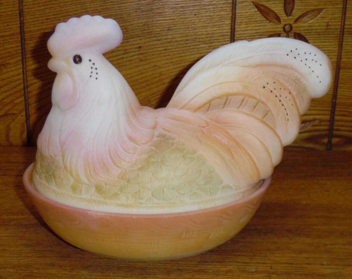 Airbrushed Hand Painted Fenton Folk Art Collection Chicken On Nest