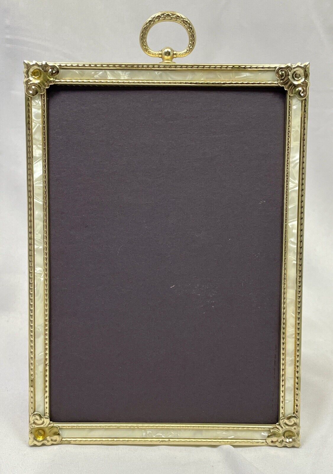 Vintage Metal/Brass 5 x 7 Tabletop or Hanging Frame Filigree & Mother Of Pearl